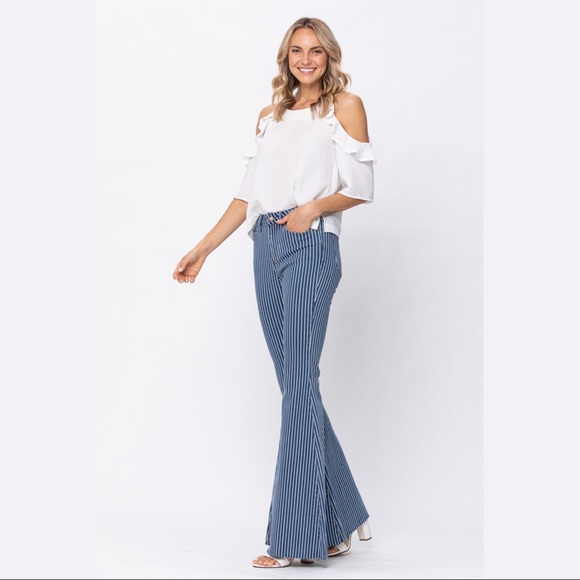 New! Judy Blue Hi Waist Super Flare Pin Stripe Dark Wash - Picture 4 of 11
